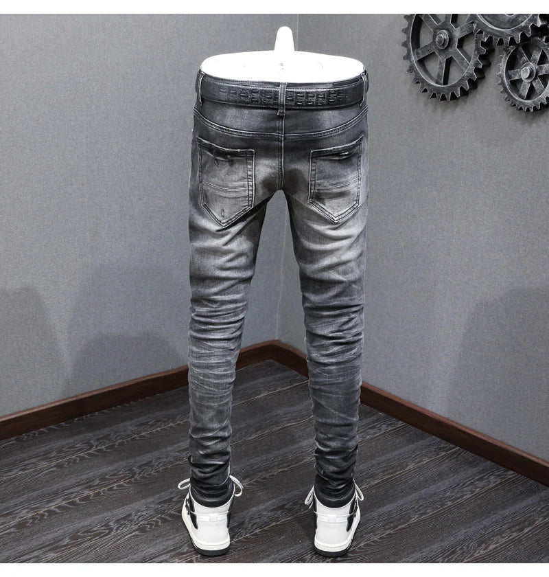 Designer Fashion New High Quality Black Grey Jeans Elastic Slimming Perforated Patch Washed Jeans High Street Hip Hop Brand Pant