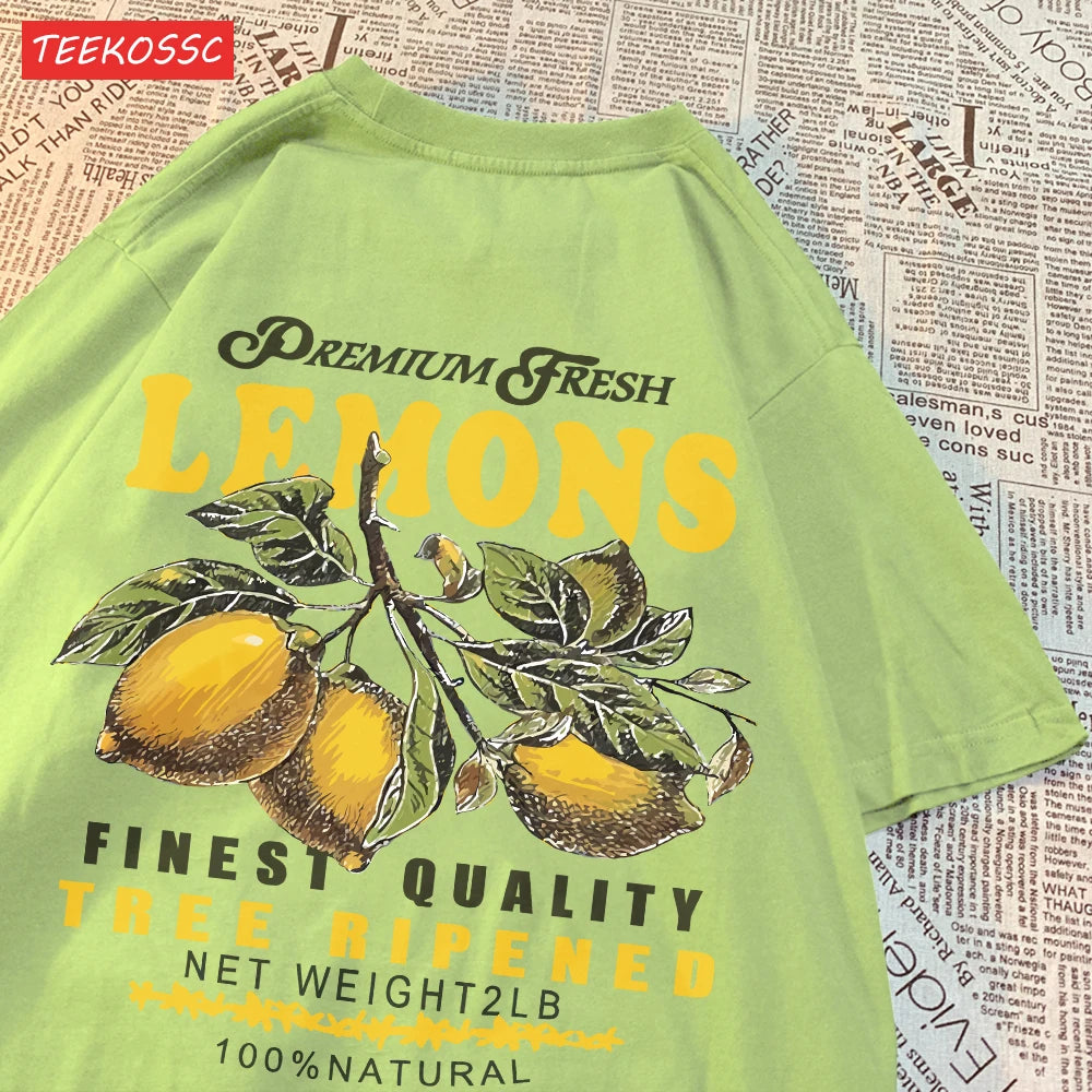 Summer Lemon Cherries Prints T-Shirts Cotton Women's Tops Oversize O-Neck Soft Short Sleeve tees Street Casual Womans Clothes