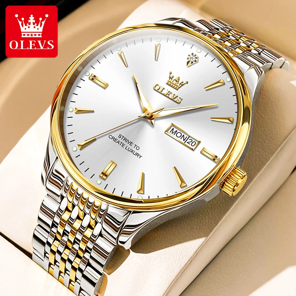 OLEVS Men's Watches Fashion Simple Calendar Week Luminous Waterproof Steel Strap Man Watch Original Quartz Watches for Men 2929