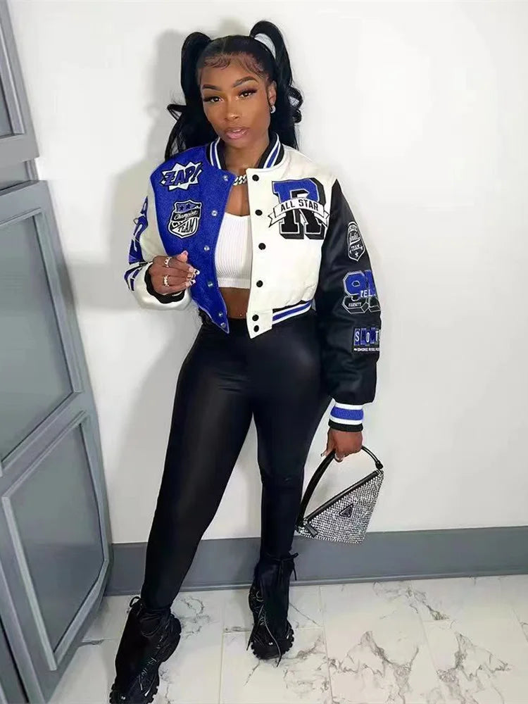 Winter Fall Jacket For Women Coat Trend O Neck Buttons Cropped Top Jacket Patchwork Baggy Blue Female Outerwear varsity jacket