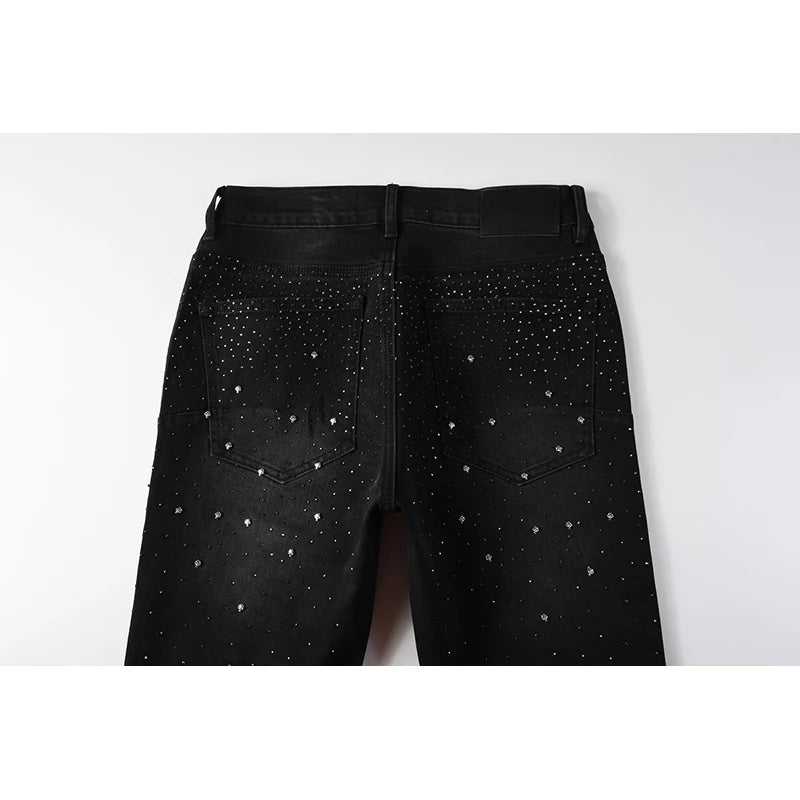 Black Men's American High Street Distressed Rhinestones Patterns Skinny Ripped Button Fly Jeans Pants
