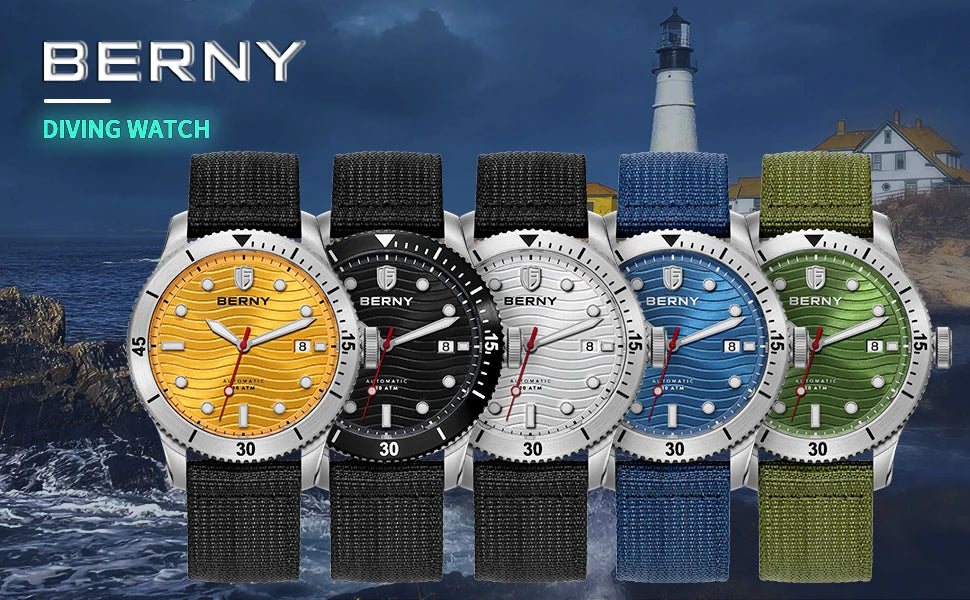 BERNY Top Automatic Diver Watch for Men PT5000 Movement 20ATM Waterproof Luminous Sapphire Lens Sport Swimming Diving Watch Men