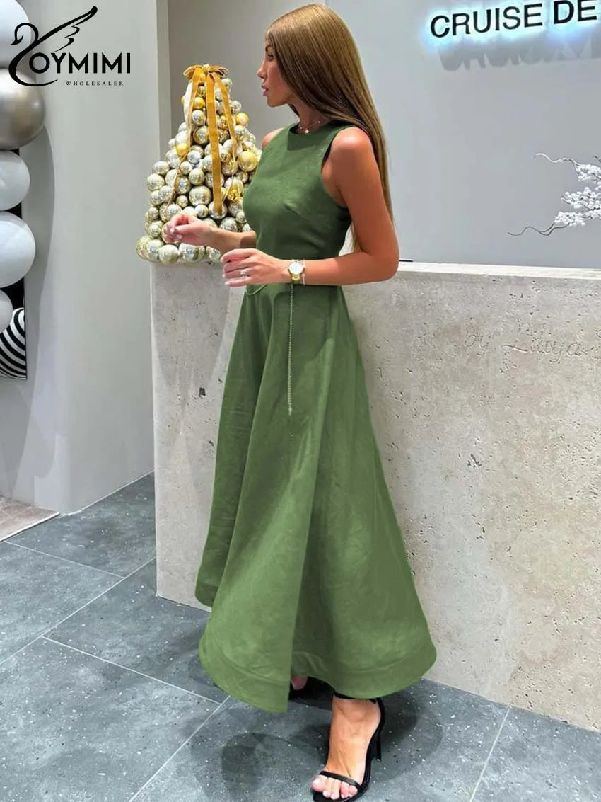 Oymimi Elegant Green Cotton Women's Dress Fashion O-Neck Sleeveless Dresses Casual New High Waist A-Line Mid-Calf Dresses Female