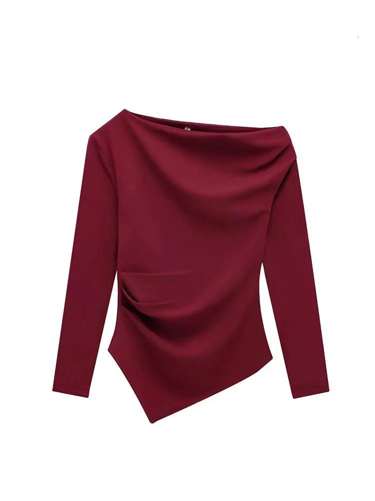 TFMLN 2025 Fashion Asymmetric Women Top T Shirts New Elegant Spring Summer Elastic Clothes Long Sleeve Shirt Top