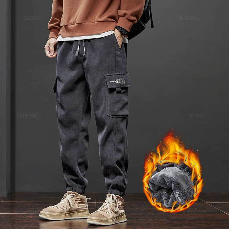 Winter Men's Fleece Warm Cargo Corduroy Pants Jogging Sweatpants Work Y2k Korean Pants Loose Harem Casual Trousers for Men