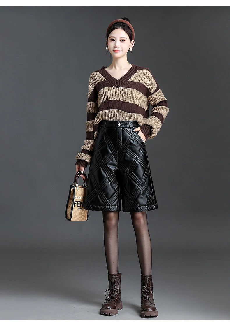 ZUZK Warm Black PU Leather Thick Bermuda Shorts For Women Winter Knee Length Shorts Motorcycle Punk High Waist Bermuda Femme