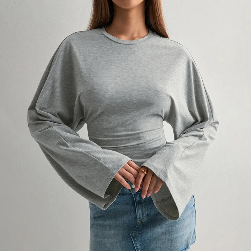 CUTENOVA Women Solid Color Round Neck Front Shoulder Wide Long Sleeves Cinched Waist Slim Top Daily Casual Simple Versatile Tops