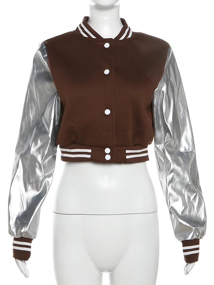 Kliou Letter Shape Patchwork Coats Women Casual Classic Panelled Long Sleeve Single Breasted Croped Jacket Female Street Outwear