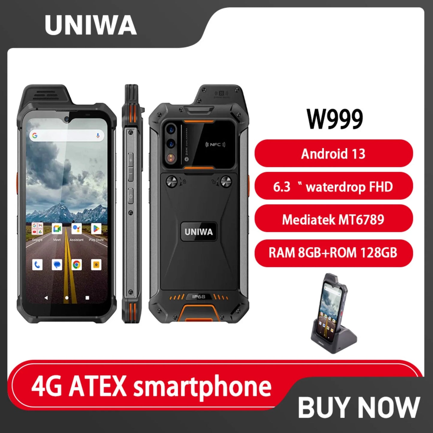 UNIWA W999 ATEX Explosion Rugged Smartphone Waterproof Walkie Talkie Helio G99 8GB+128GB 6.3“ FHD 4400mAh Andriod 13 Cell Phone