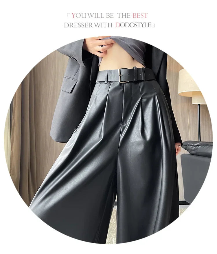 High Waist Wide Leg PU Leather Pants Women's Suit Casual Floor Length Trousers Autumn Winter New Style Loose Fit Long Pants