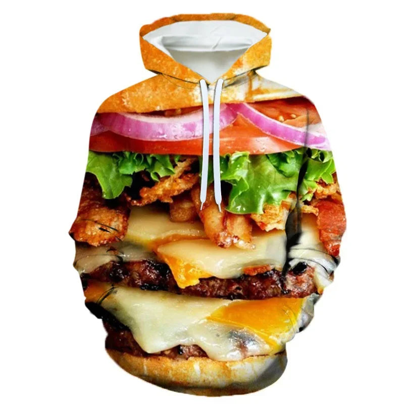 3D Printing Steak Salad French Fries Food Hoodie For Men Long Sleeves Hooded Sweatshirt Hamburger Pattern Casual Pullovers