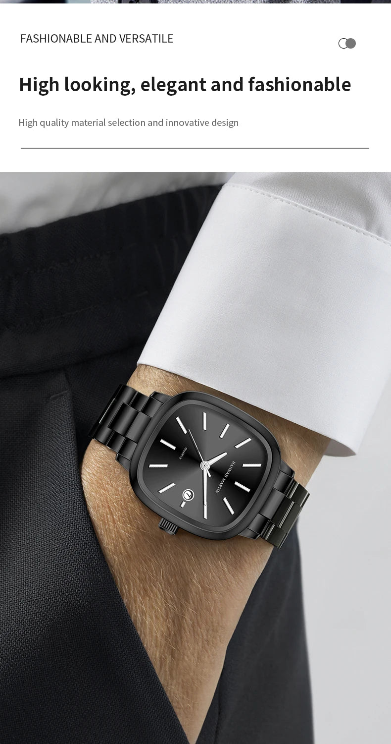 Japanese Movement Square Fashion Stainless Steel Strap Original Business Style Silver Black Waterproof 3Bar Quartz Watch for Men