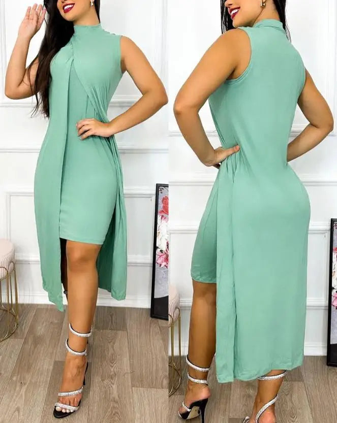 Dresses for Women 2023 Summer Fashion Keyhole Neck Sleeveless Cutout O-Ring Decor Slit Asymmetrical Casual Dress Clothing