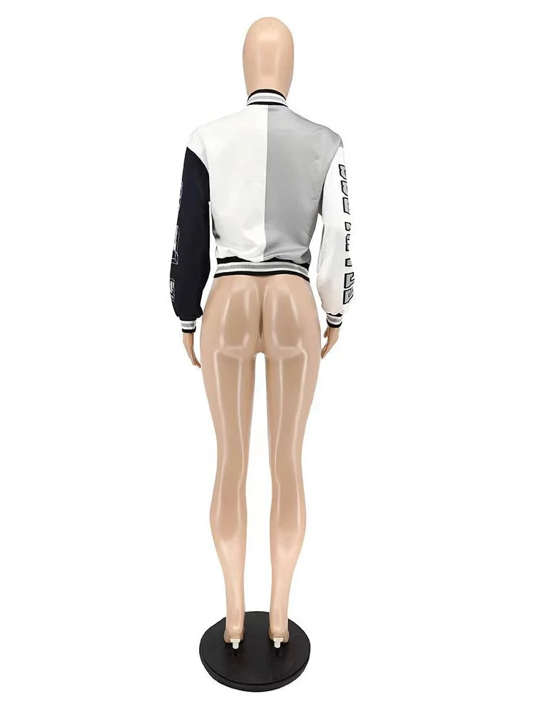 Winter Fall Jacket For Women Coat Trend O Neck Buttons Cropped Top Jacket Patchwork Baggy Blue Female Outerwear varsity jacket