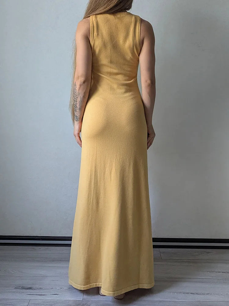 Knit Sleeveless Dresses For Women Long Elegant White High Slit Dress Bodycon Ladies Office Skinny Maxi Tank Rib Dress Female