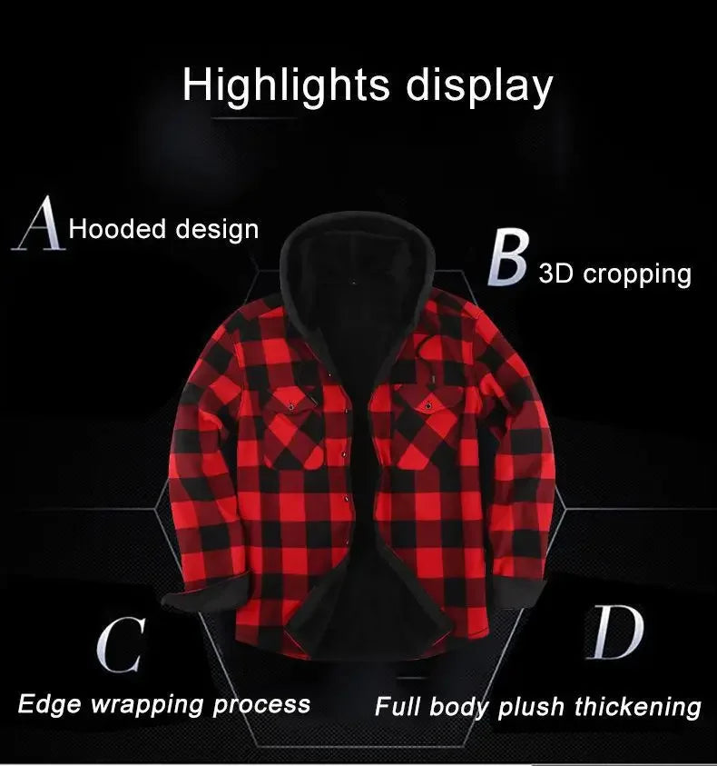 Plus Size Men's Hooded Plaid Shirt Warm Fleece Lined And Thickened Top Long Sleeve Outerwear For Autumn/Winter