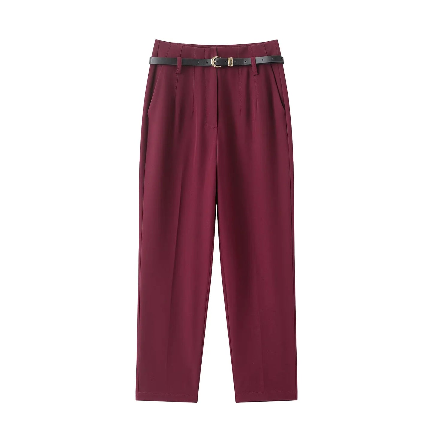 Faionable High Waist Belted Straight Leg Pants Women's Slim Fit Casual Autumn New Arrival Street Sle Polyester Fiber