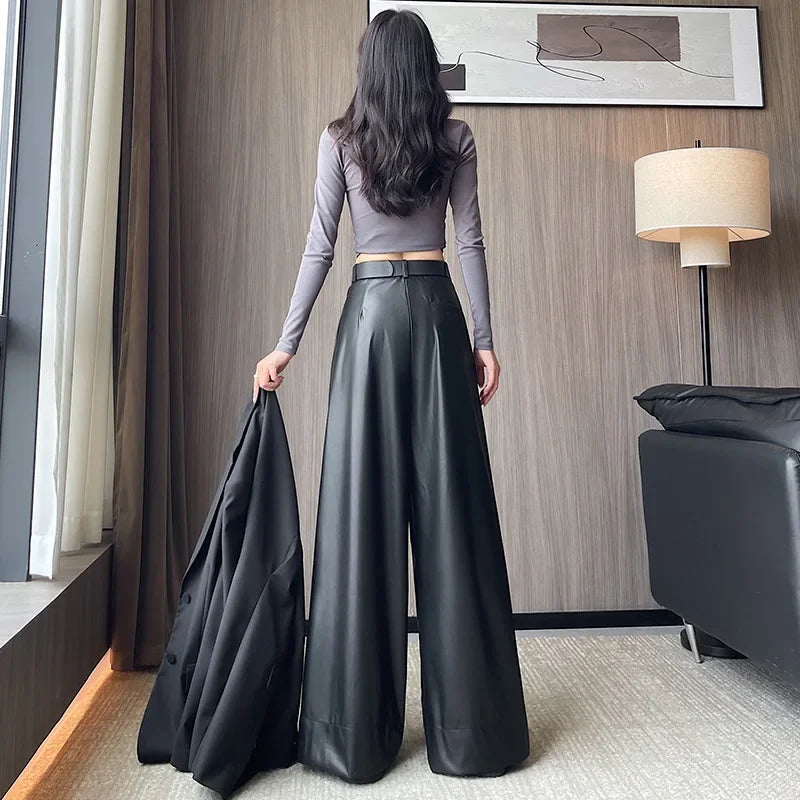 High Waist Wide Leg PU Leather Pants Women's Suit Casual Floor Length Trousers Autumn Winter New Style Loose Fit Long Pants