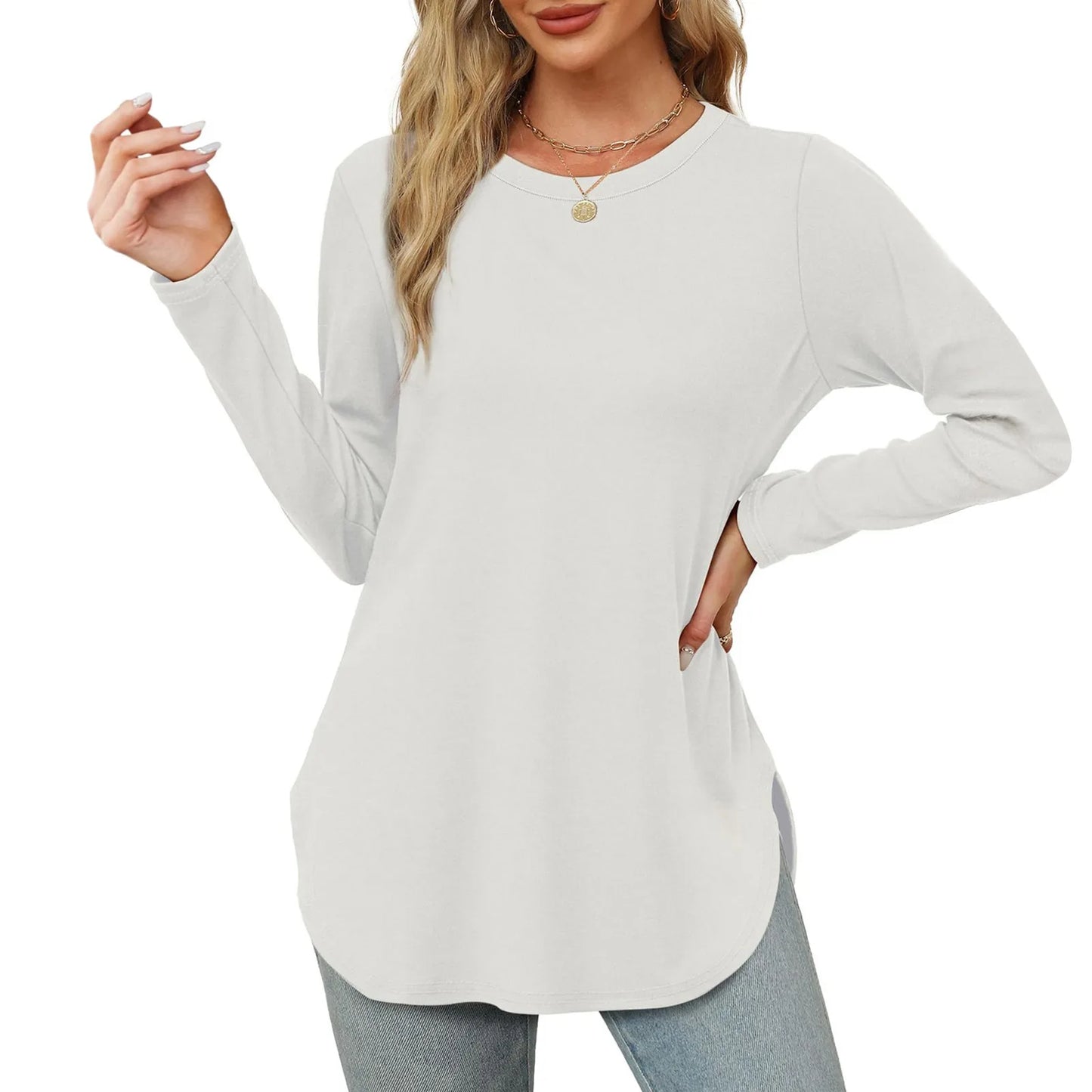 Traf 2024 Mujer Womens Long Sleeve Round Neck Shirts Side Split Basic Loose Tunic Tops Casual Shirts Ropa De Mujer Fashion