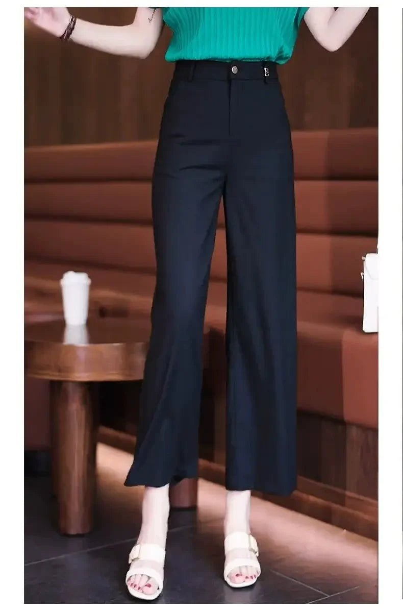 Nine-point Wide-leg Pants for Women in Summer Thin New High-waist Drooping Ice Silk Suit Women's Slim Straight Pants