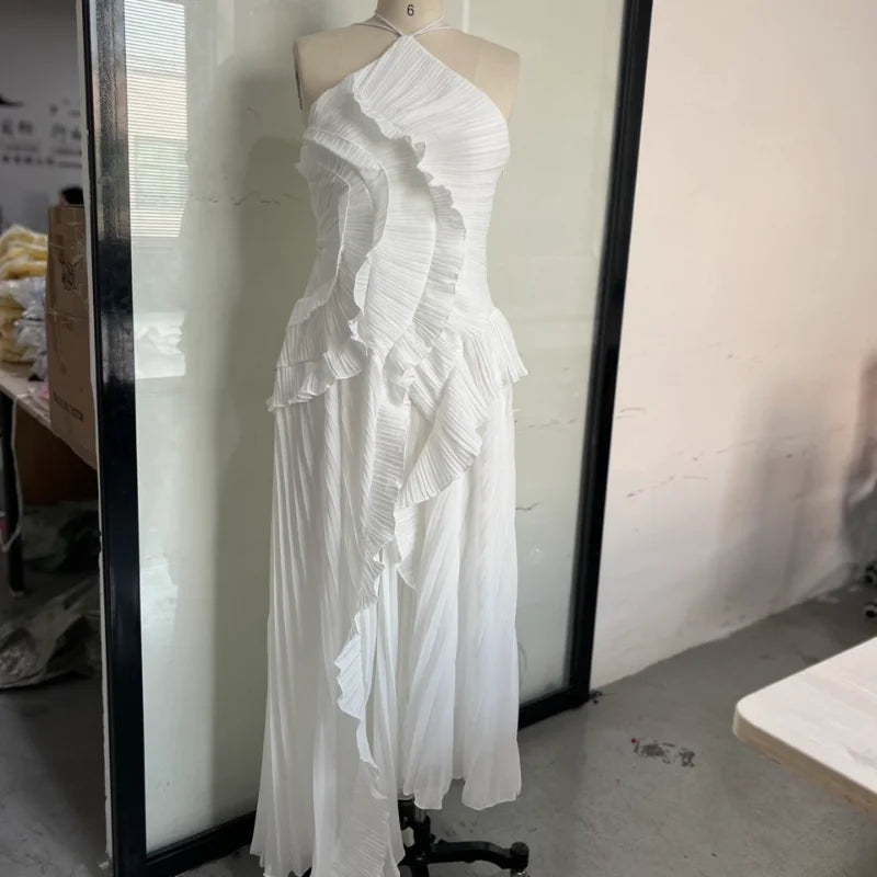 Chic Elegant Lotus Edge Maxi Dress Slim Fit Backless Lace Up Halter Robes Sleeveless Party Vestidos 2025 Nw Lady Vacation Gowns