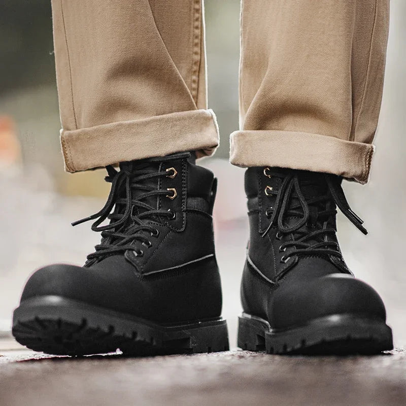 Maden Men's Versatile Black Boots Plush Lining Warmth Shoes Retro Non-Slip Thick Sole Work Boots Outdoor Casual Mid-Calf Boots