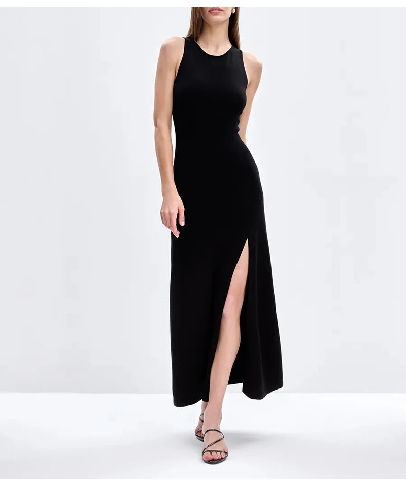 Knit Sleeveless Dresses For Women Long Elegant White High Slit Dress Bodycon Ladies Office Skinny Maxi Tank Rib Dress Female