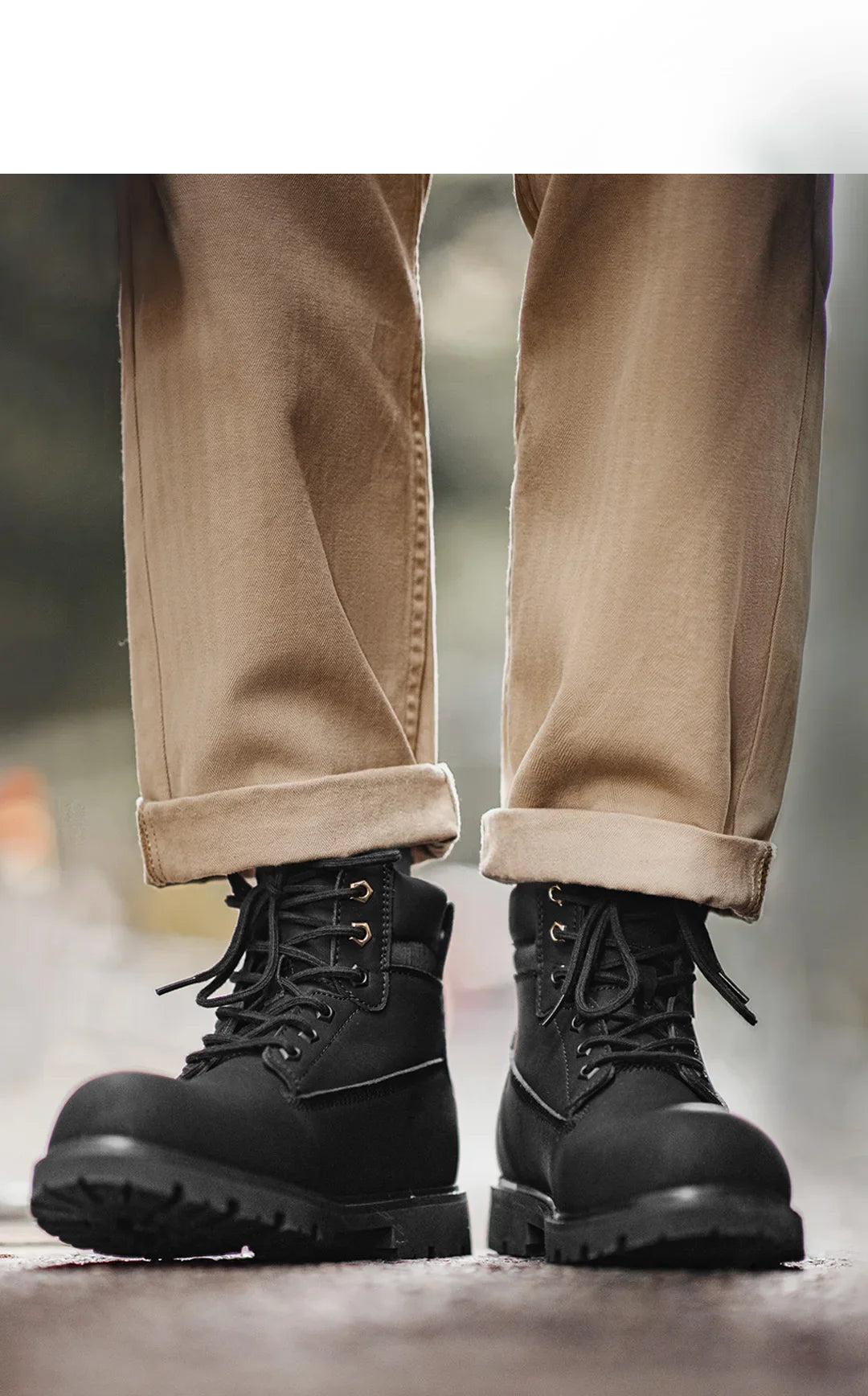 Maden Men's Versatile Black Boots Plush Lining Warmth Shoes Retro Non-Slip Thick Sole Work Boots Outdoor Casual Mid-Calf Boots