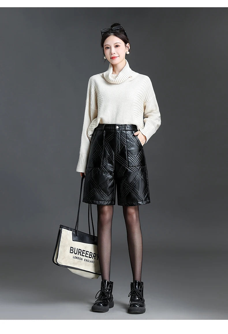 ZUZK Warm Black PU Leather Thick Bermuda Shorts For Women Winter Knee Length Shorts Motorcycle Punk High Waist Bermuda Femme