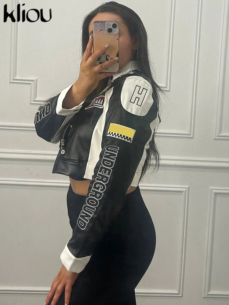 Cutenew Panelled Feather Women Coats New Letter Print Patchwork Buttons Full Sleeve Zip-up Crop Jackets Female Street Outwear