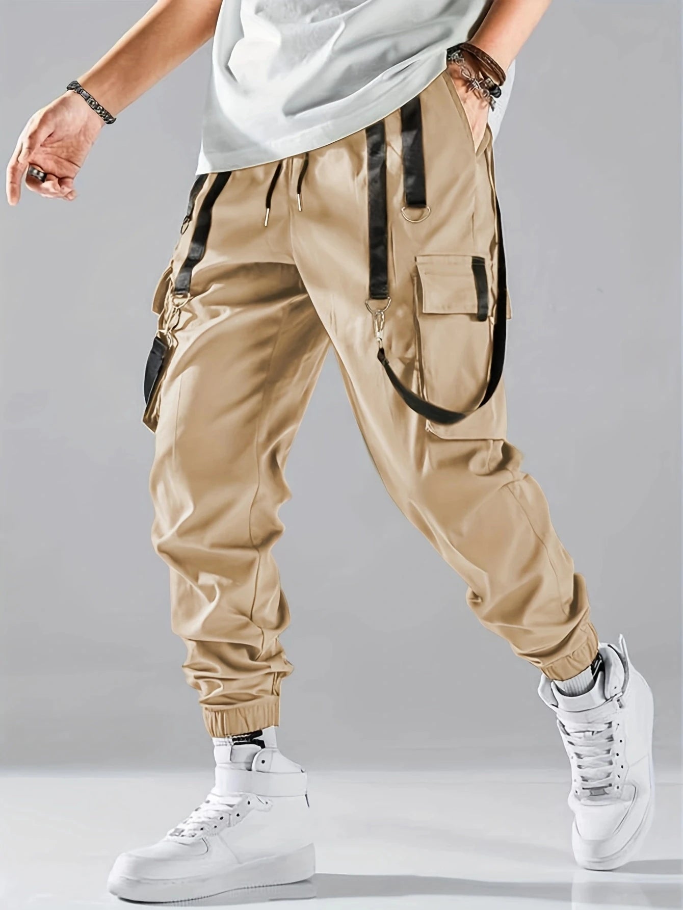 Fashion Men's Casual Techwear Drawstring Multi Flap Pockets Cargo Pants Hip hop Joggers Pant