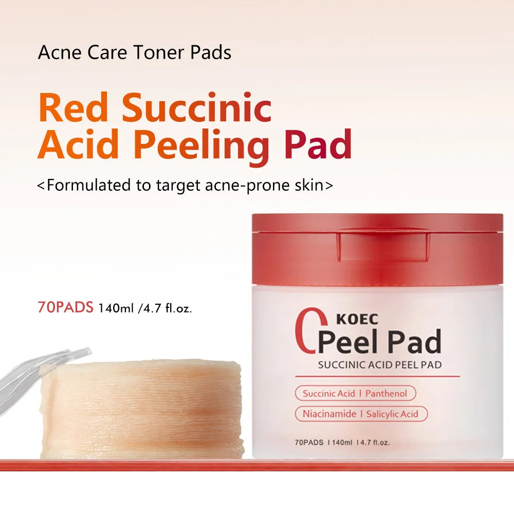 KOEC Zero Pore Pads 70Pads and Red Succinic Acid Facial Peeling Pads , for Exfoliation and Pore Care with AHA Lactic Acid