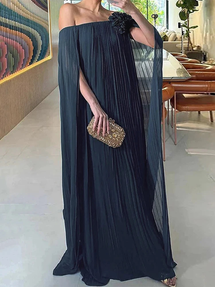 Beautyblue Women's Evening Dresses Elegant Maxi Dresses Loose Gauze Pleated Solid Color Tiered Off-The-Shoulder New Female Robe