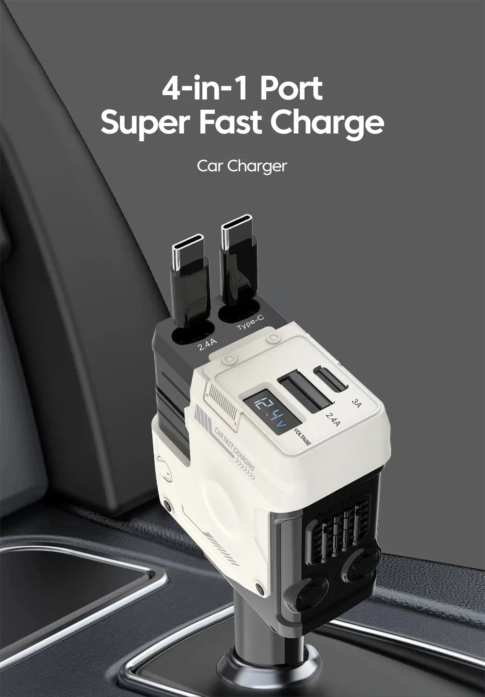 Elough 120W Car Charger Super Fast Flash Charge USB/Type C Multi Port Charger 4 in 1 Expansion Cable
