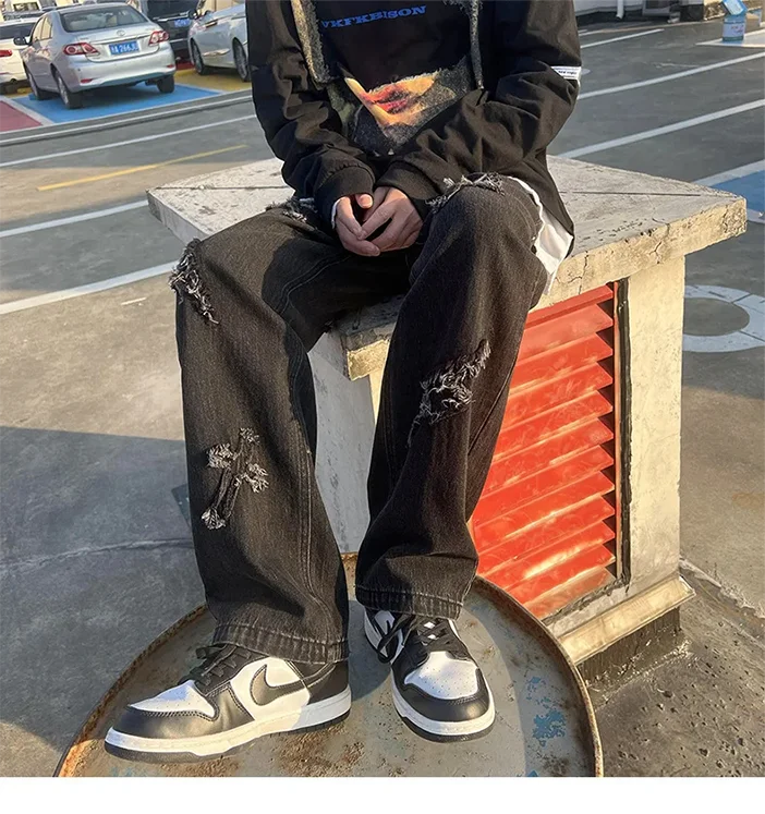 Cross Embroidery Y2k Jeans Mens Straight Denim Pants Casual Vintage Jeans Versatile Fashion Streetwear Spring High Street Pants