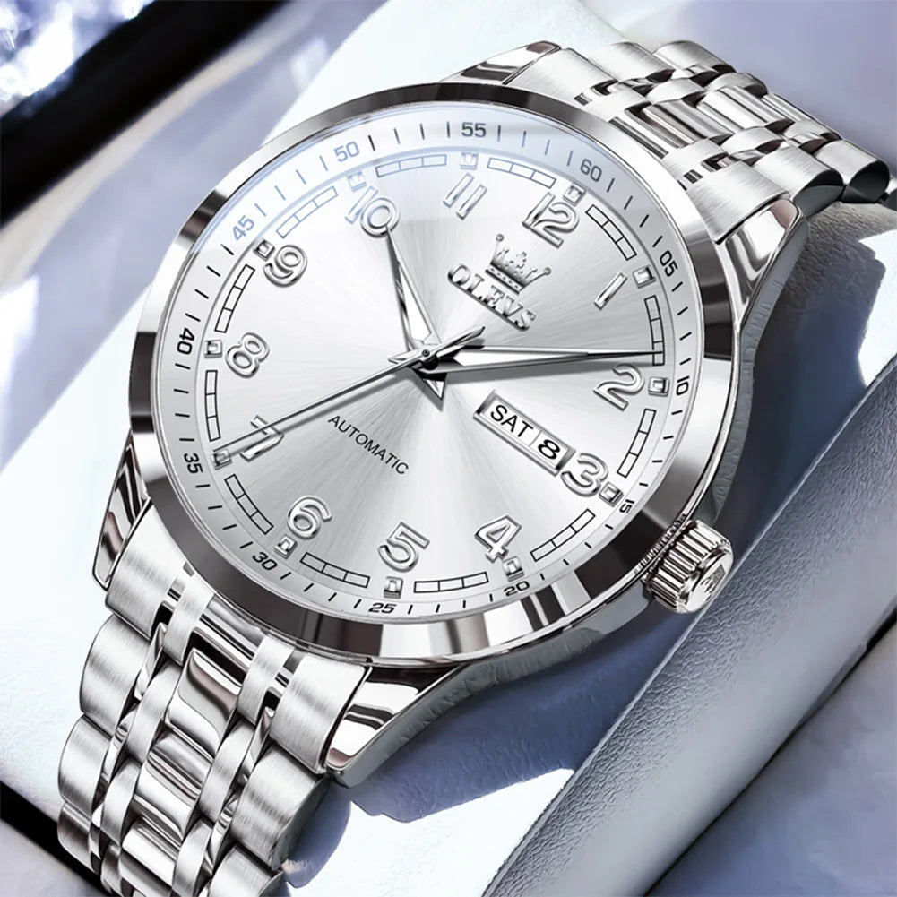 OLEVS Men Watches 7077 Luxury Fashion Top Brand Original Automatic Mechanical Watch for Man Double Scale Simple Trend Waterproof