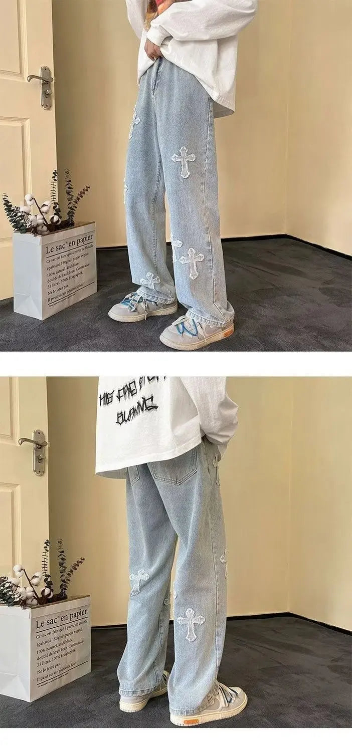 Cross Embroidery Y2k Jeans Mens Straight Denim Pants Casual Vintage Jeans Versatile Fashion Streetwear Spring High Street Pants