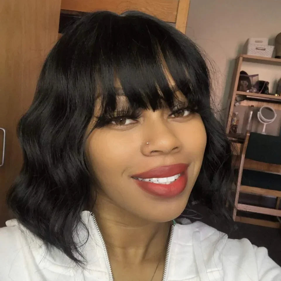 Short Bob Wig Loose Body Wave Wig With Bangs Brazilian Remy 100% Human Hair Wigs For Women Full Machine Glueless Wavy Bob Wigs