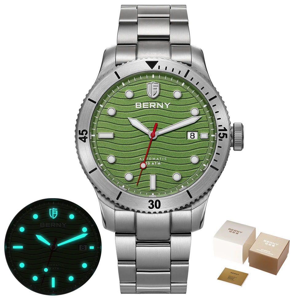 BERNY Top Automatic Diver Watch for Men PT5000 Movement 20ATM Waterproof Luminous Sapphire Lens Sport Swimming Diving Watch Men