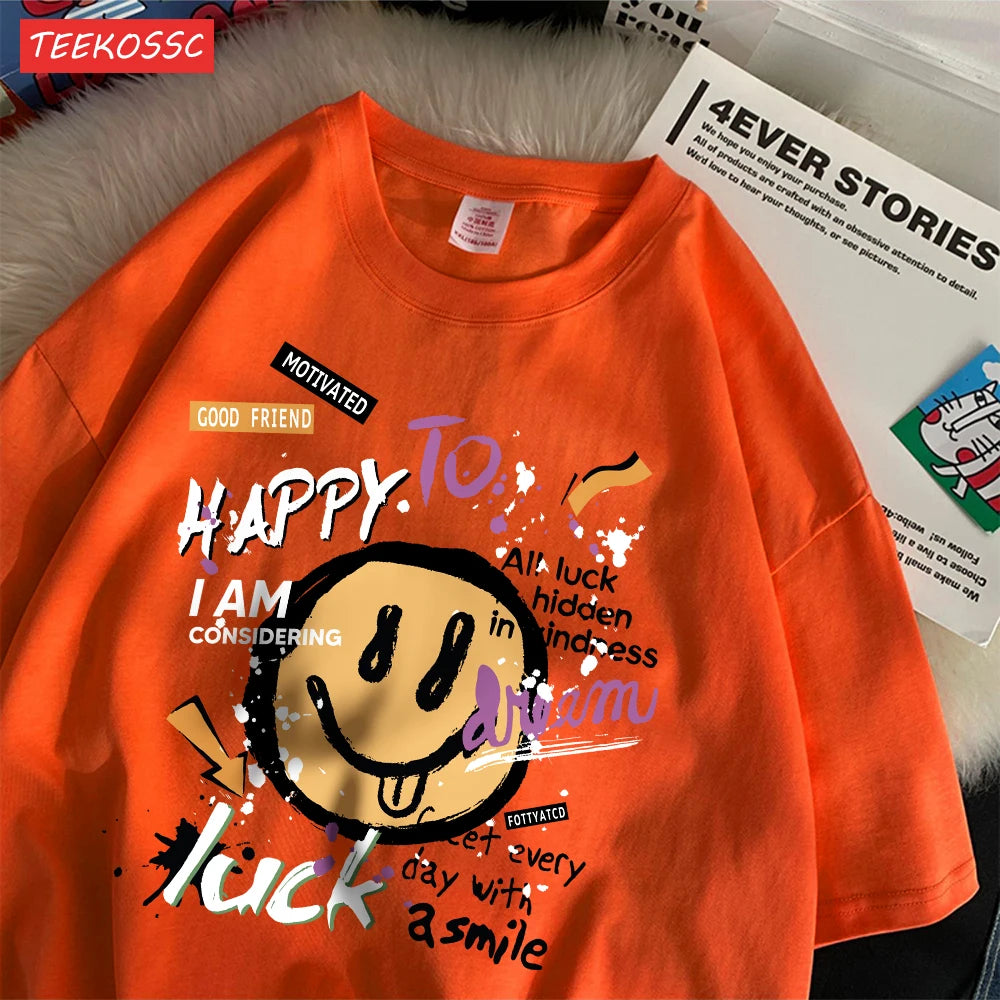 Summer Cotton Women T-Shirts Fun Graffiti Cute Smiling Face Prints Tees Breathable Loose O-Neck Casual Street Female Clothes
