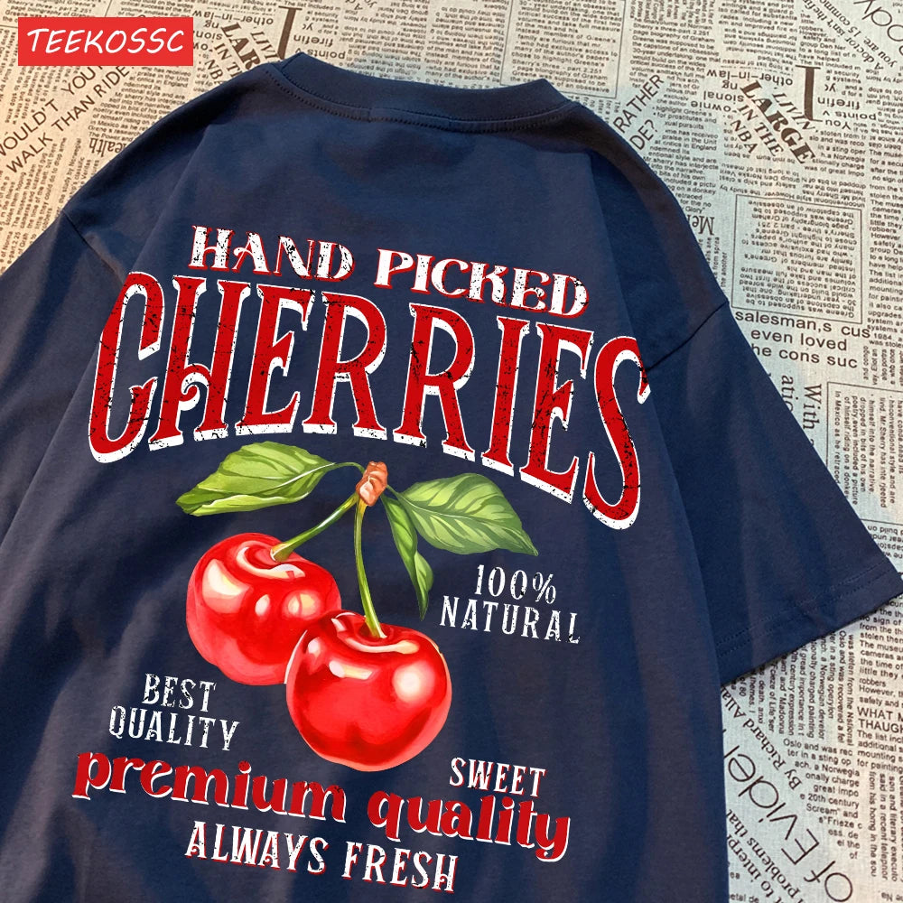 Summer Lemon Cherries Prints T-Shirts Cotton Women's Tops Oversize O-Neck Soft Short Sleeve tees Street Casual Womans Clothes