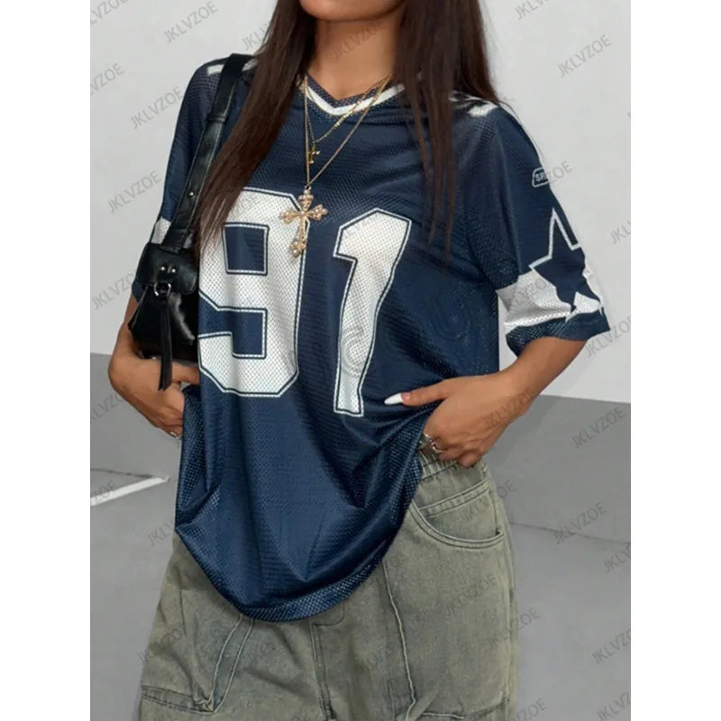 Summer New Black Speed 91 Print T-Shirt for Women V-Neck Patchwork Short Sleeve Sports Football Jersey Y2K Loose Oversized Tops