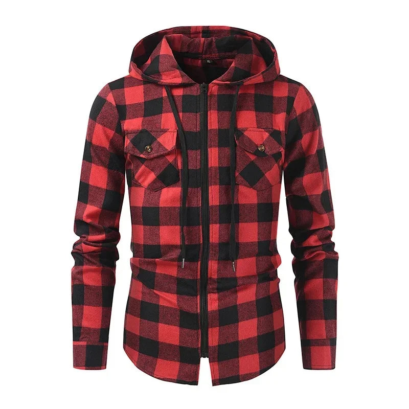 Men's New Plaid Hooded Sweater Long Sleeve Casual Thin Jacket Stand Hooded Shirt European Style Fashionable Outwear