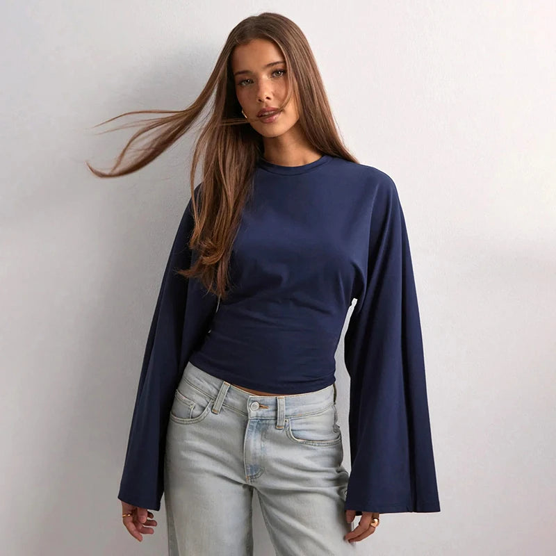 CUTENOVA Women Solid Color Round Neck Front Shoulder Wide Long Sleeves Cinched Waist Slim Top Daily Casual Simple Versatile Tops