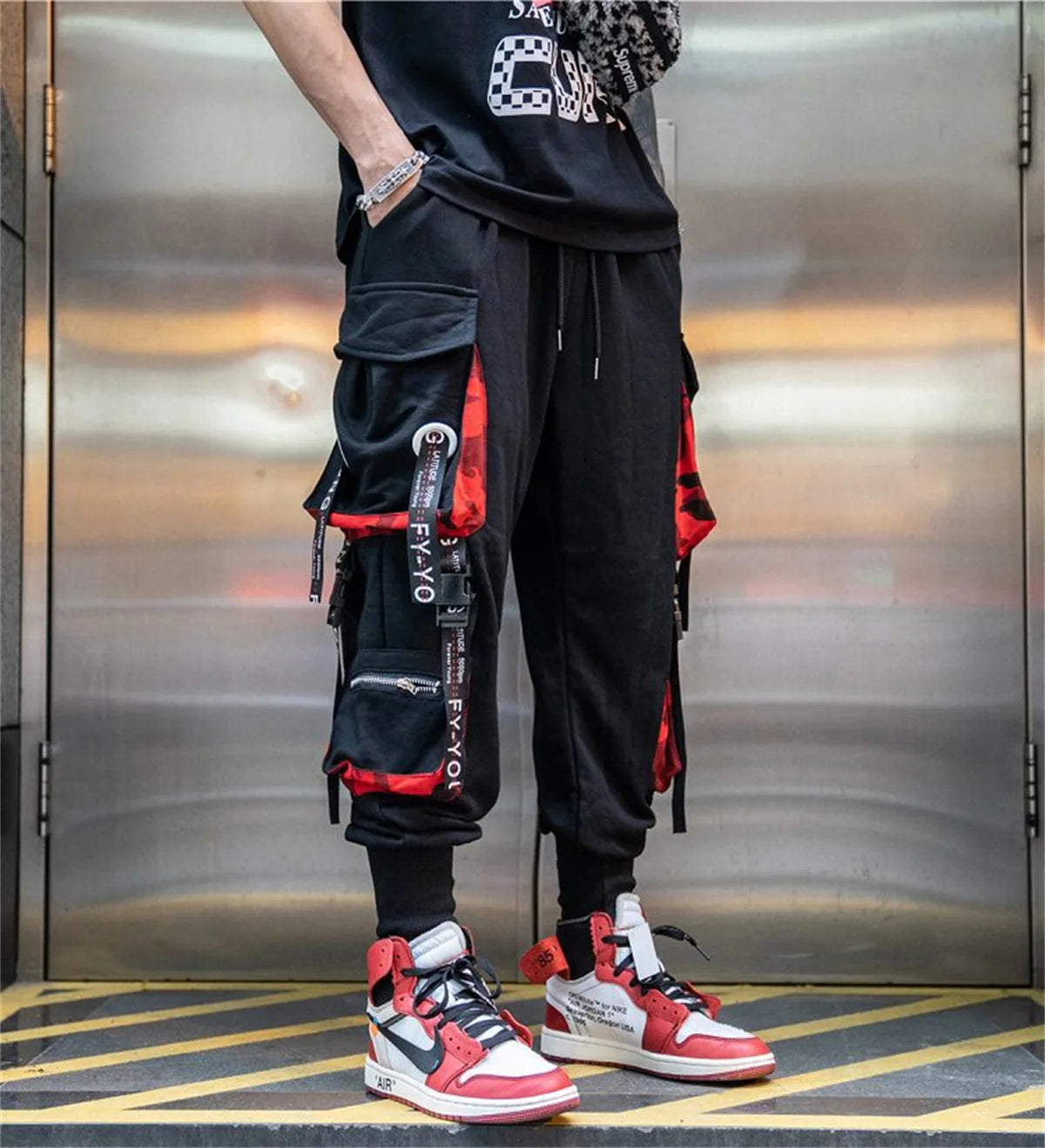 Cool Black Hip Hop Cargo Pants Gothic High Srteet Sweatpants With Pockets Korean High Wast Casual Outwear Pants Men Streetwear