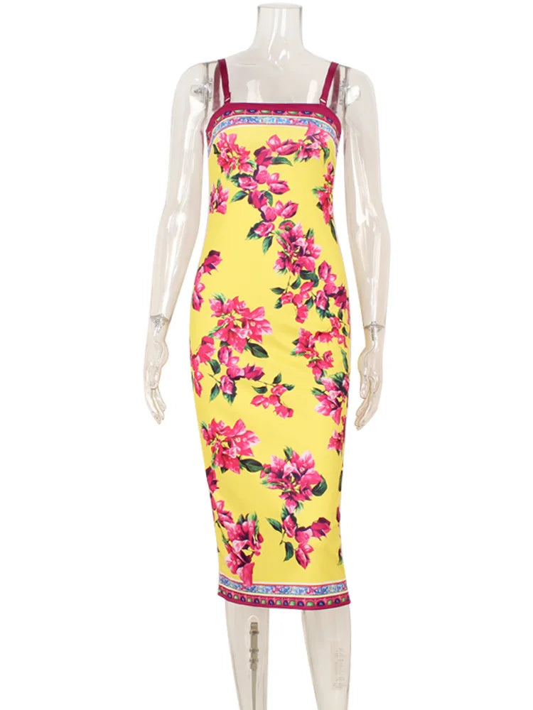 CNYISHE Flower Prints Camisoles Fashion Sheath Sexy Club Hot Girl Women Dresses Colorful Trendy Elegant Lady Female Bodycon