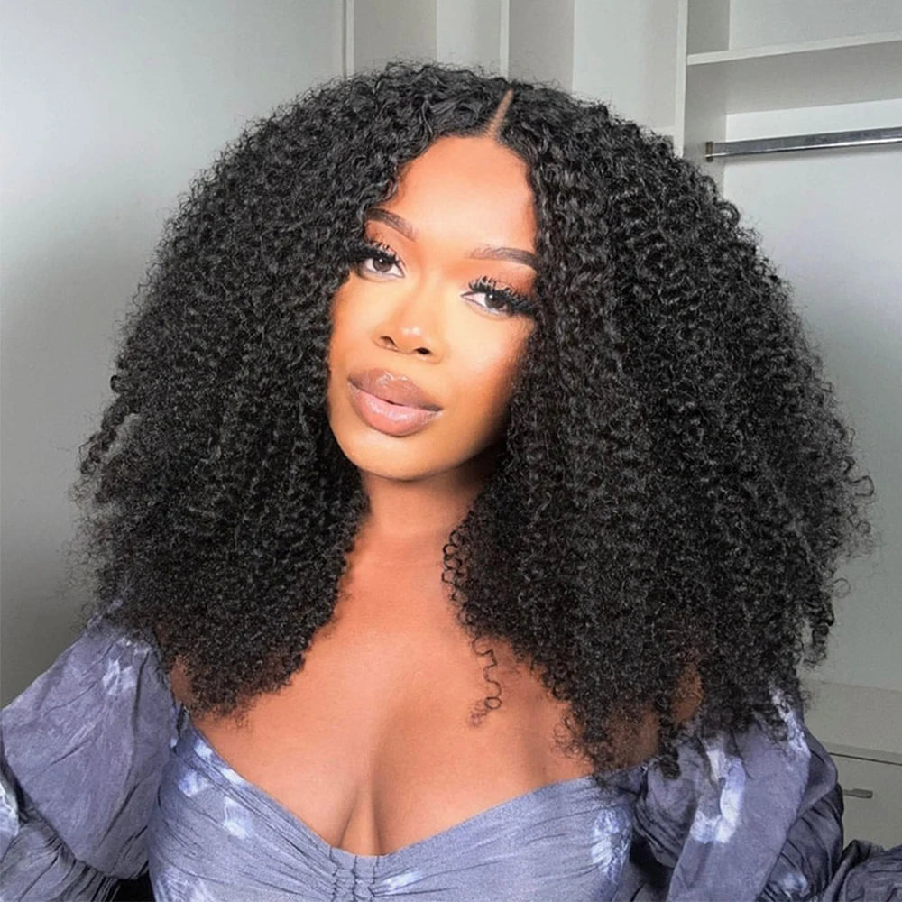 Beginner Friendly 3 In 1 Half Wig Human Hair Kinky Curly Coily Half Wig Invisible Drawstring Glueless Curly Flip Over Wig 180%