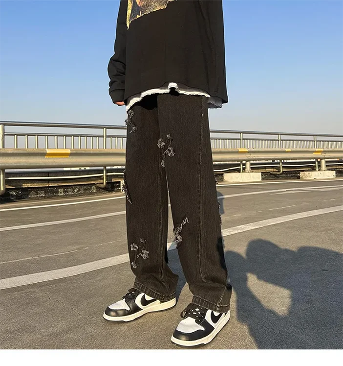 Cross Embroidery Y2k Jeans Mens Straight Denim Pants Casual Vintage Jeans Versatile Fashion Streetwear Spring High Street Pants