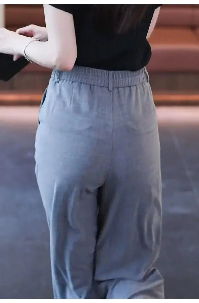 Nine-point Wide-leg Pants for Women in Summer Thin New High-waist Drooping Ice Silk Suit Women's Slim Straight Pants