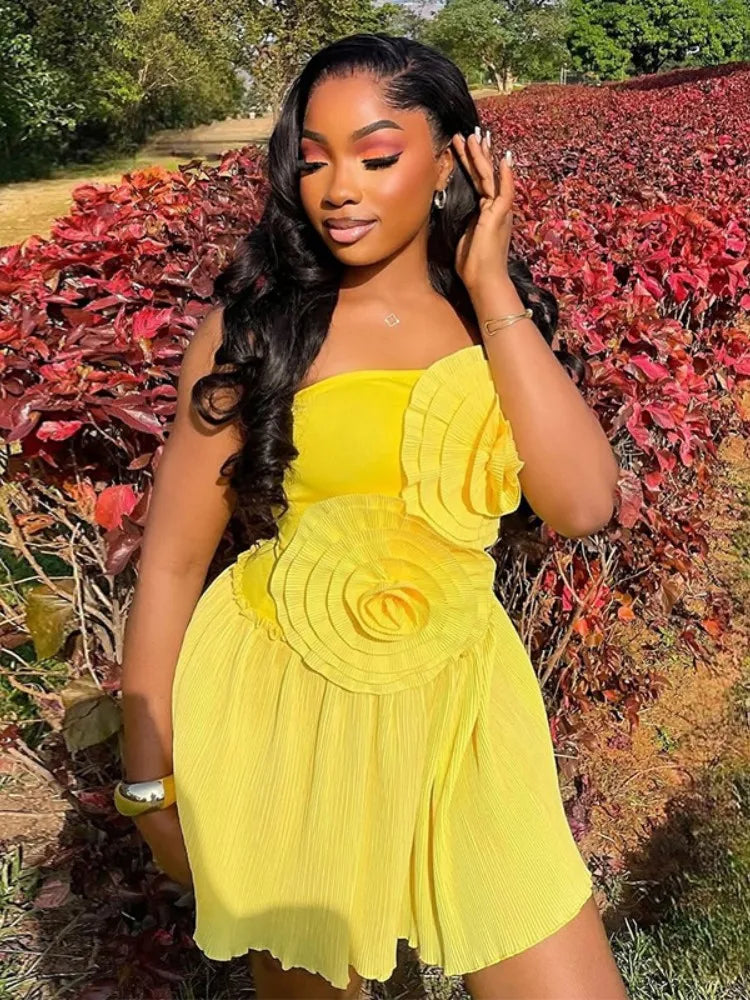 Joskaa 2025 Summer Women 3D Flower Decorate Strapless Pleated Irregular Hem Mini Dress Holiday Beachwear Party Clubwear S-XXL